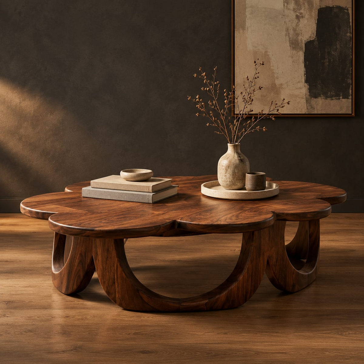 Scalloped coffee table on a ring of arched wooden panels in a dark studio against a charcoal plaster wall