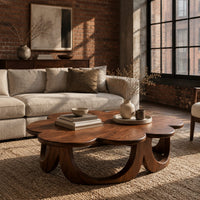 Scalloped coffee table on a ring of arched wooden panels in an industrial loft living room with exposed brick