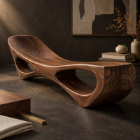 Corner detail of scooped seat bench with two open oval cutouts in its body beside wood, brass and linen samples