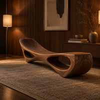 Scooped seat bench with two open oval cutouts in its body in an evening entryway with walnut wall paneling