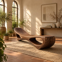 Scooped seat bench with two open oval cutouts in its body in a bright entryway with arched windows and plants