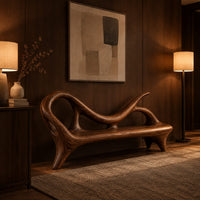 Bench with a looping scroll back and a flat seat on splayed legs in an evening entryway with walnut wall paneling