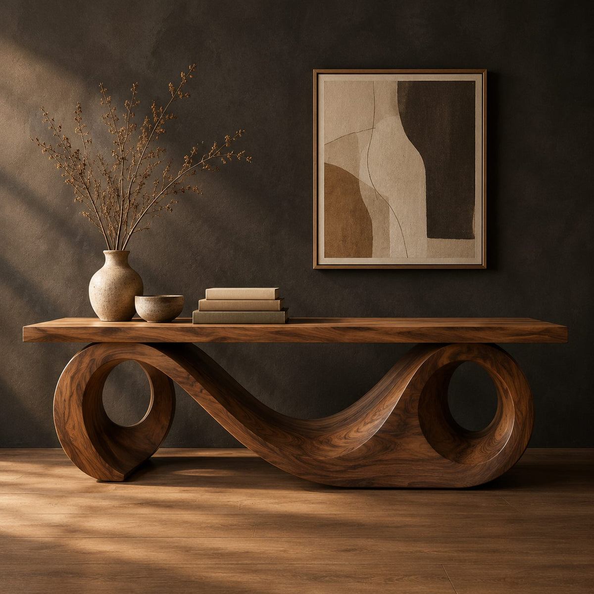 Wooden bench with a thick plank seat on a flowing scroll shaped base in a dark studio against a charcoal plaster wall