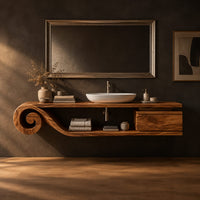 Floating bathroom vanity with a scroll end and an open shelf in a dark studio against a charcoal plaster wall