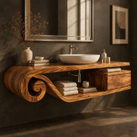 Corner detail of floating bathroom vanity with a scroll end and an open shelf beside wood, brass and linen samples