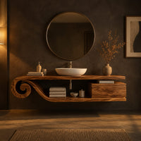 Floating bathroom vanity with a scroll end and an open shelf in a dark bathroom at golden hour