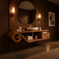 Floating bathroom vanity with a scroll end and an open shelf in an evening bathroom with walnut wall paneling