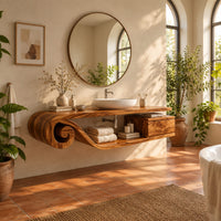 Floating bathroom vanity with a scroll end and an open shelf in a bright bathroom with arched windows and plants