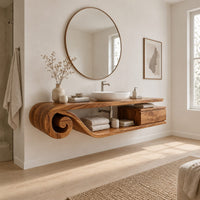 Floating bathroom vanity with a scroll end and an open shelf in a Scandinavian bathroom with white walls