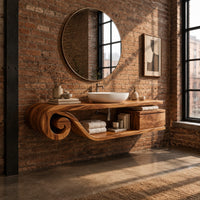 Floating bathroom vanity with a scroll end and an open shelf in an industrial loft bathroom with exposed brick