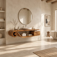 Floating bathroom vanity with a scroll end and an open shelf in a bright open plan bathroom
