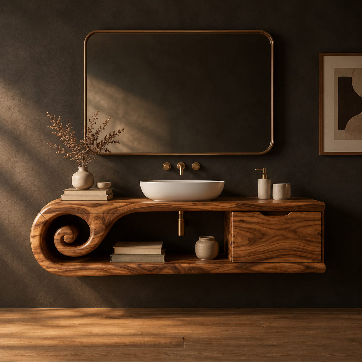 Floating bathroom vanity with a spiral scroll end and an open shelf in a dark studio against a charcoal plaster wall