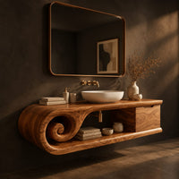 Floating bathroom vanity with a spiral scroll end and an open shelf, three-quarter view showing the grain