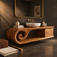 Corner detail of floating bathroom vanity with a spiral scroll end and an open shelf beside wood, brass and linen samples