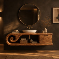 Floating bathroom vanity with a spiral scroll end and an open shelf in a dark bathroom at golden hour