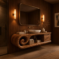 Floating bathroom vanity with a spiral scroll end and an open shelf in an evening bathroom with walnut wall paneling