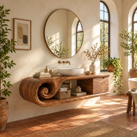 Floating bathroom vanity with a spiral scroll end and an open shelf in a bright bathroom with arched windows and plants