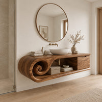 Floating bathroom vanity with a spiral scroll end and an open shelf in a Scandinavian bathroom with white walls