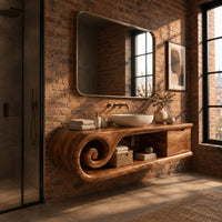 Floating bathroom vanity with a spiral scroll end and an open shelf in an industrial loft bathroom with exposed brick