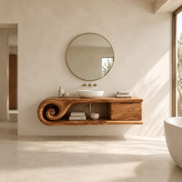 Floating bathroom vanity with a spiral scroll end and an open shelf in a bright open plan bathroom