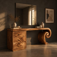 Makeup vanity desk with a spiral scroll leg and a three drawer cabinet, three-quarter view showing the grain