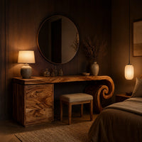 Makeup vanity desk with a spiral scroll leg and a three drawer cabinet in an evening bedroom with walnut wall paneling