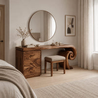 Makeup vanity desk with a spiral scroll leg and a three drawer cabinet in a Scandinavian bedroom with white walls