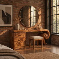 Makeup vanity desk with a spiral scroll leg and a three drawer cabinet in an industrial loft bedroom with exposed brick