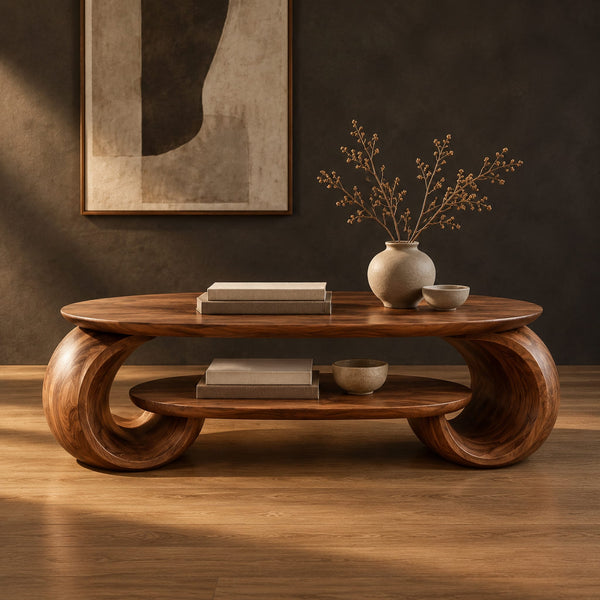 Scroll End Oval Coffee Table With A Lower Shelf Inside