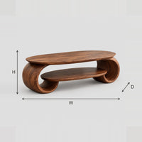 Scroll End Oval Coffee Table With A Lower Shelf Inside dimension diagram with width, height and depth