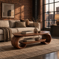 Oval coffee table with scrolled end supports and a lower oval shelf in an industrial loft living room with exposed brick