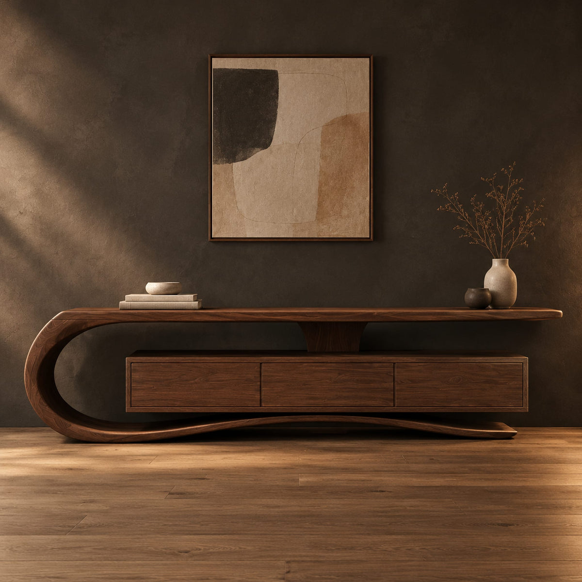 Tv stand with a sweeping scroll end and a three panel cabinet in a dark studio against a charcoal plaster wall