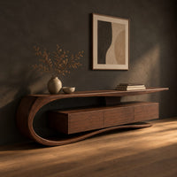 Tv stand with a sweeping scroll end and a three panel cabinet, three-quarter view showing the grain
