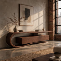Tv stand with a sweeping scroll end and a three panel cabinet in an industrial loft living room with exposed brick