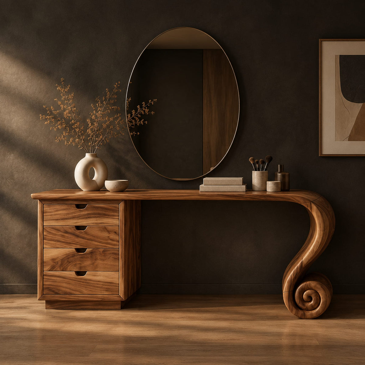 Makeup vanity with four drawers and a sweeping top ending in a scroll leg in a dark studio against a charcoal plaster wall