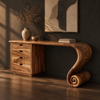 Makeup vanity with four drawers and a sweeping top ending in a scroll leg, three-quarter view showing the grain