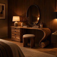 Makeup vanity with four drawers and a sweeping top ending in a scroll leg in an evening bedroom with walnut wall paneling