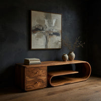 Scroll shelf TV stand with a cantilevered top in a dark studio against a charcoal wall
