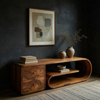 Scroll shelf TV stand with a cantilevered top, three-quarter view showing the grain
