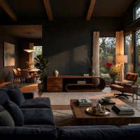 Scroll shelf TV stand with a cantilevered top in a living room at golden hour