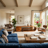 Scroll shelf TV stand with a cantilevered top in a sunlit room with large windows and plants