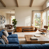 Scroll shelf TV stand with a cantilevered top in a bright modern living room