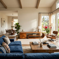 Scroll shelf TV stand with a cantilevered top in an open plan space in daylight