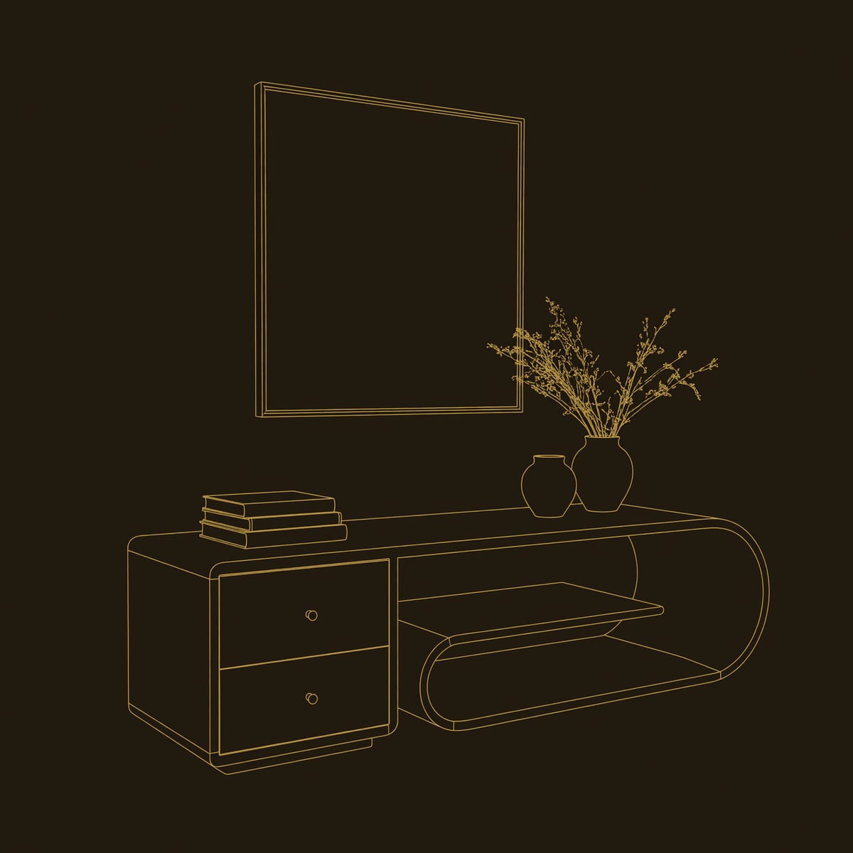 Scroll Shelf TV Stand with a Cantilevered Top and Drawers dimension diagram