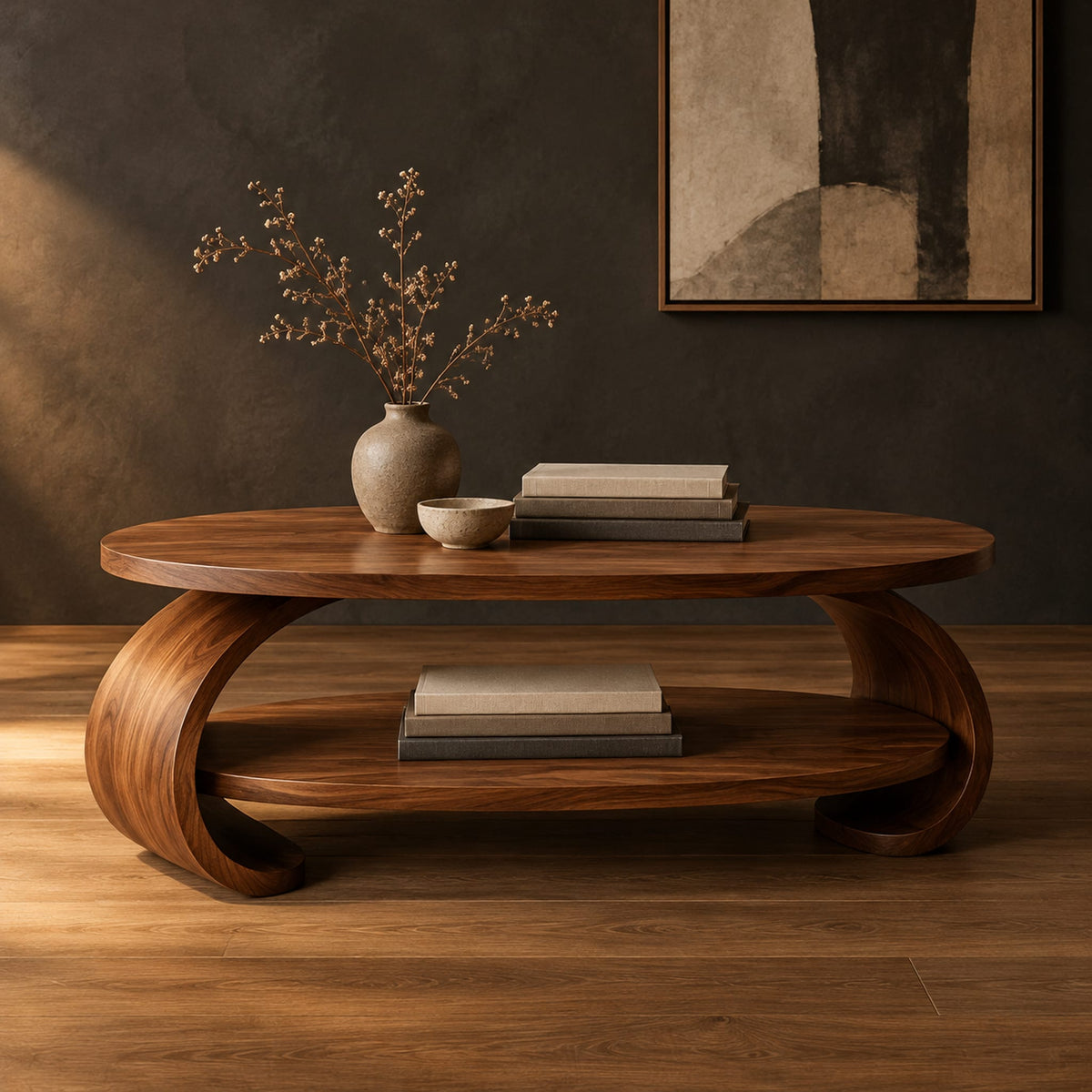 Oval coffee table with scrolled sides and a low shelf in a dark studio against a charcoal plaster wall