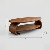 Scroll Side Coffee Table With Oval Top, Low Shelf dimension diagram with width, height and depth