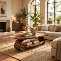 Oval coffee table with scrolled sides and a low shelf in a bright living room with arched windows and plants