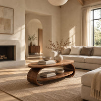 Oval coffee table with scrolled sides and a low shelf in a bright open plan living room