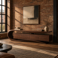 Low tv stand with a scroll end top, four front panels and wavy base in an industrial loft living room with exposed brick
