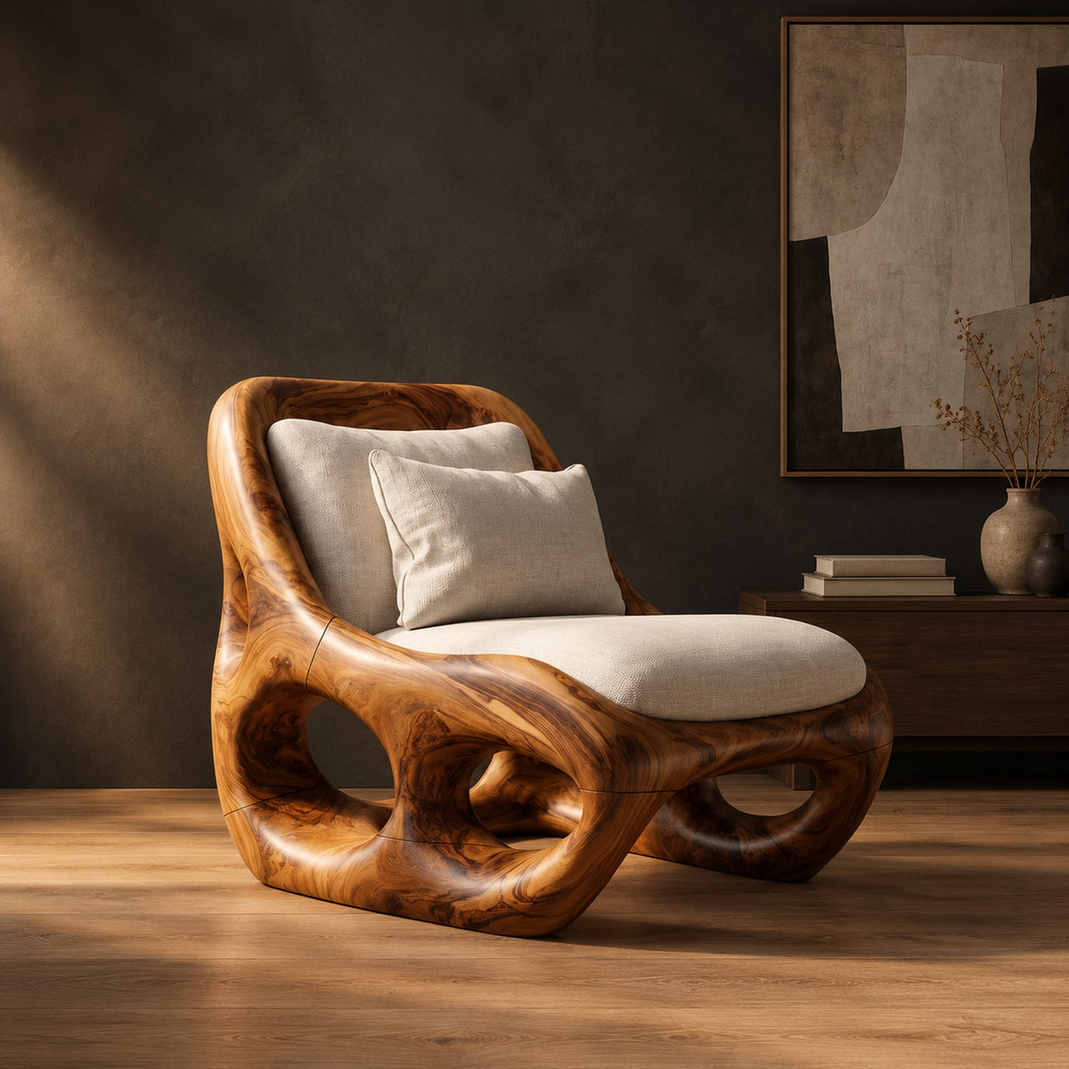 Sculpted wood accent chair with open loops in the base and loose cushions in a dark studio against a charcoal plaster wall